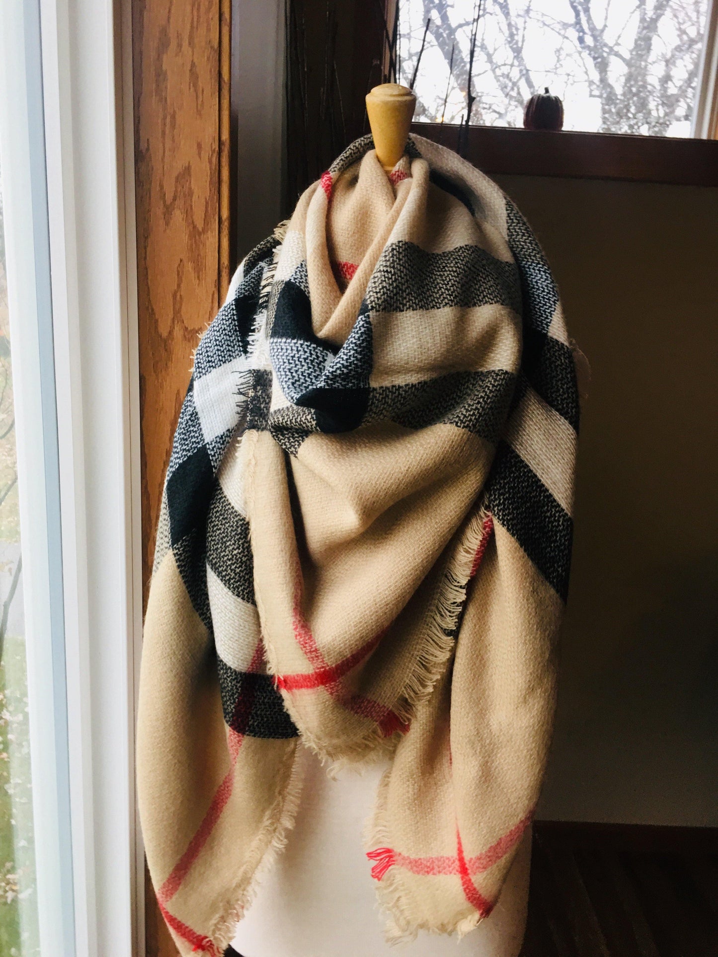 Blanket scarf { Classic check } Camel. Large square blanket scarf. - Stacy's Pink Martini Boutique