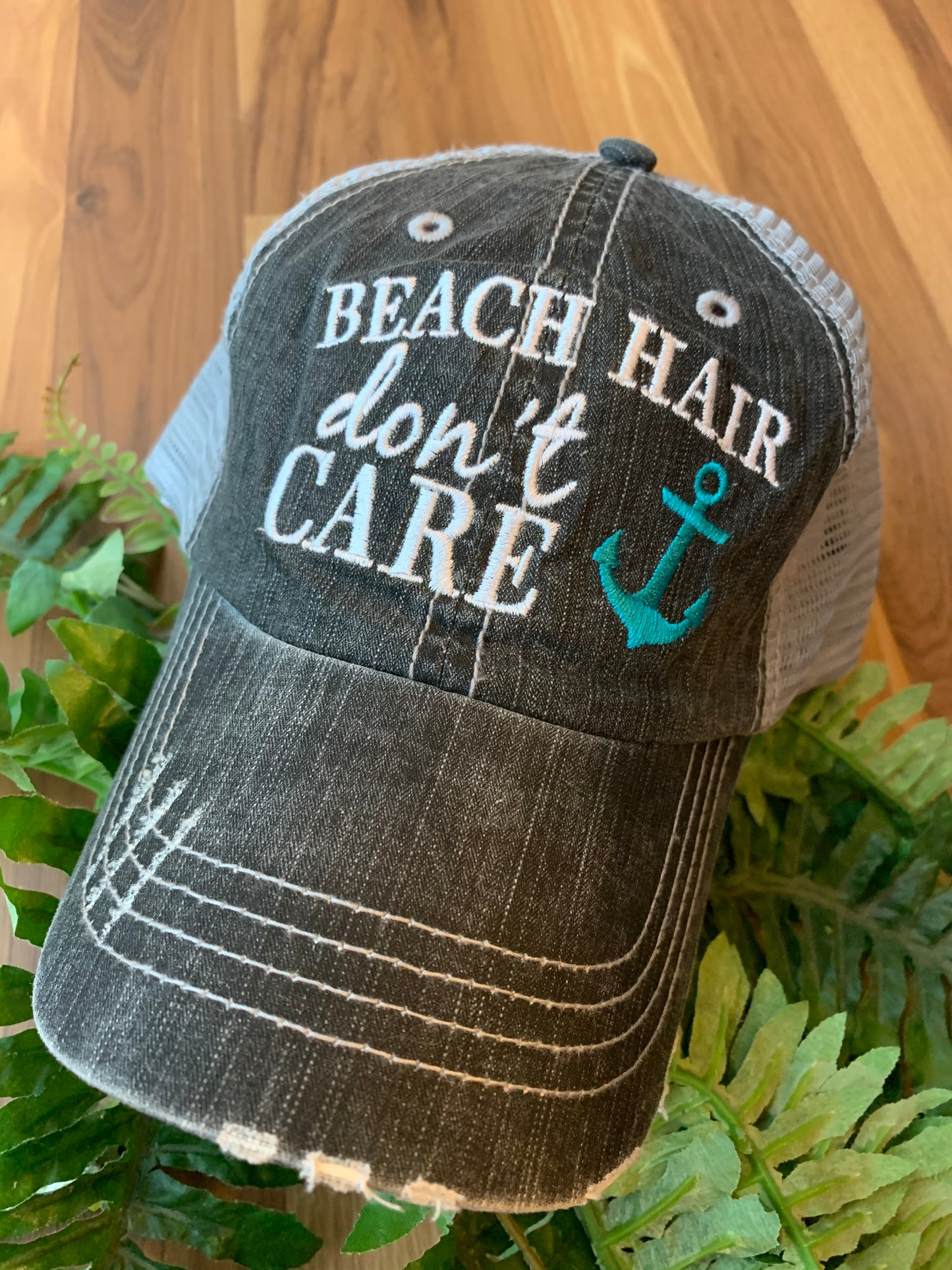 Hat { Beach hair don’t care } Teal or pink flip flops. Embroidered, distressed, trucker cap. Women’s. Sandals. - Stacy's Pink Martini Boutique