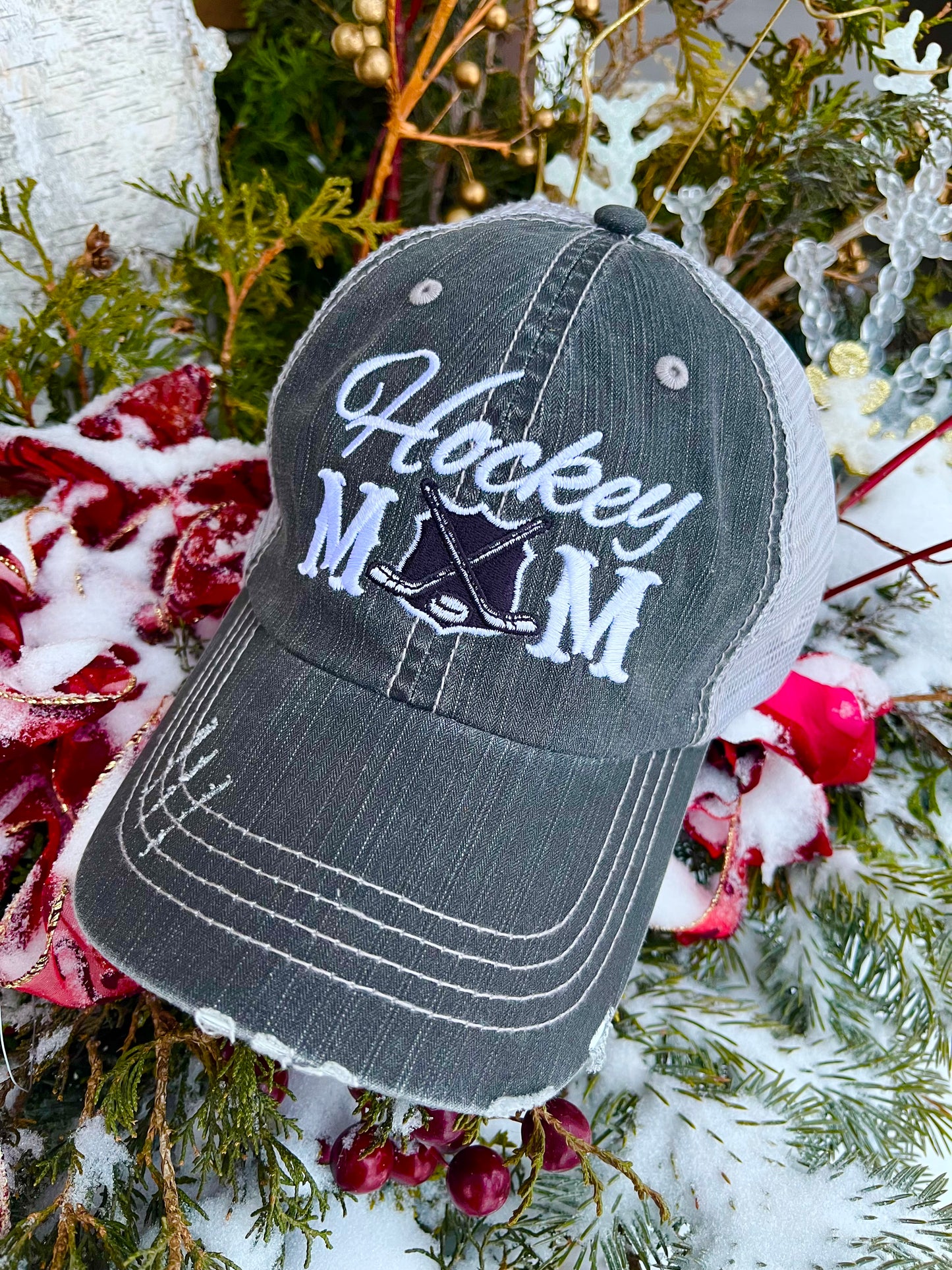 Hockey mom hats Embroidered distressed trucker cap