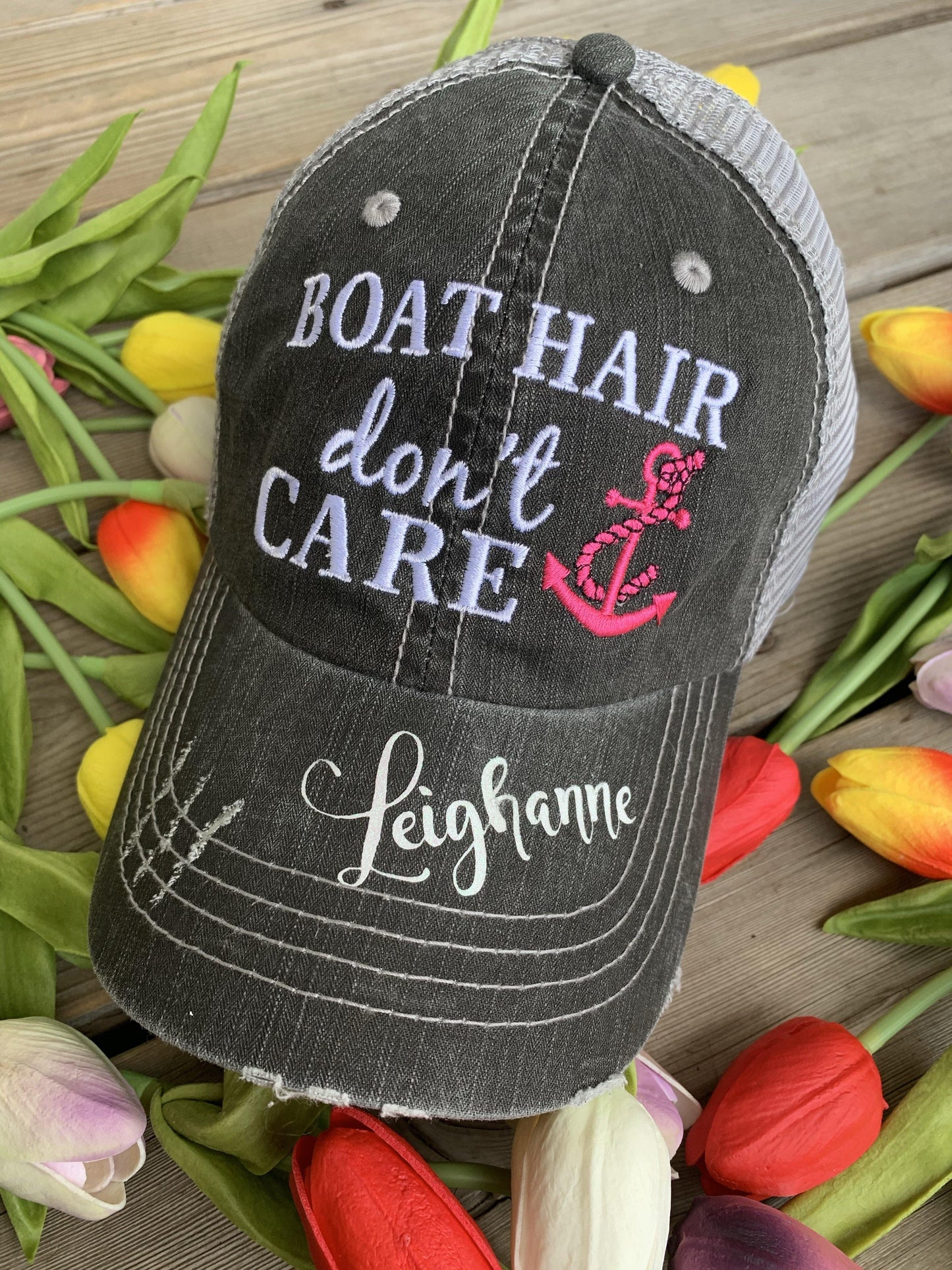 Hats { Cheer mom } Embroidered distressed trucker cap with adjustable Velcro • Pom poms • Gray with pink, teal, purple or red pom poms • Customize with names and numbers - Stacy's Pink Martini Boutique