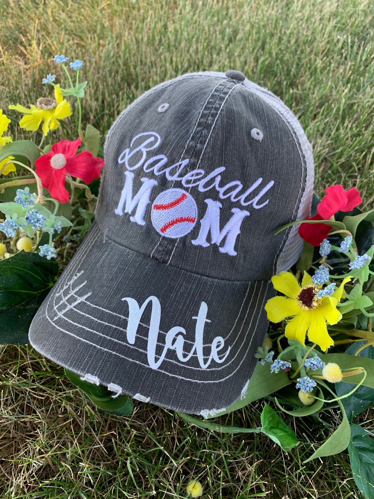 Personalized Mom hats Baseball mom Embroidered womens distressed trucker cap Sports - Stacy's Pink Martini Boutique