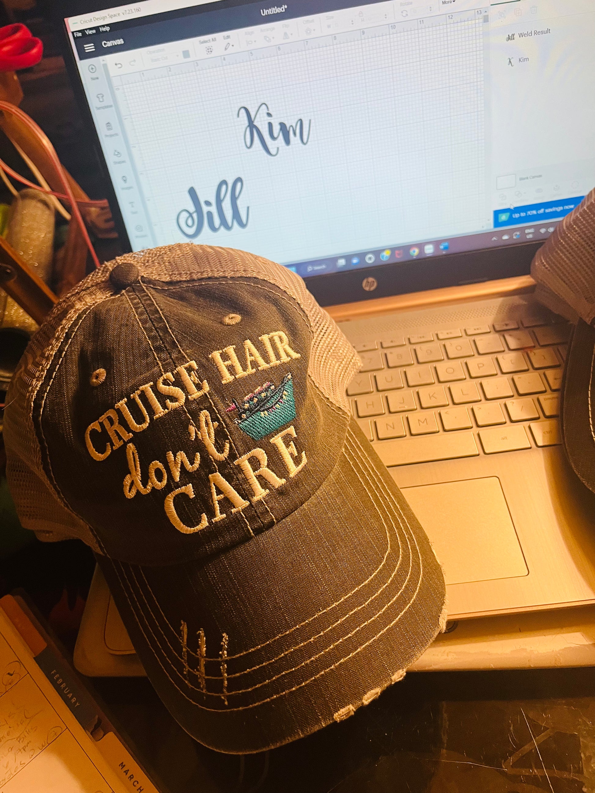 Cruise hats Cruise hair dont care Embroidered distressed unisex trucker caps - Stacy's Pink Martini Boutique