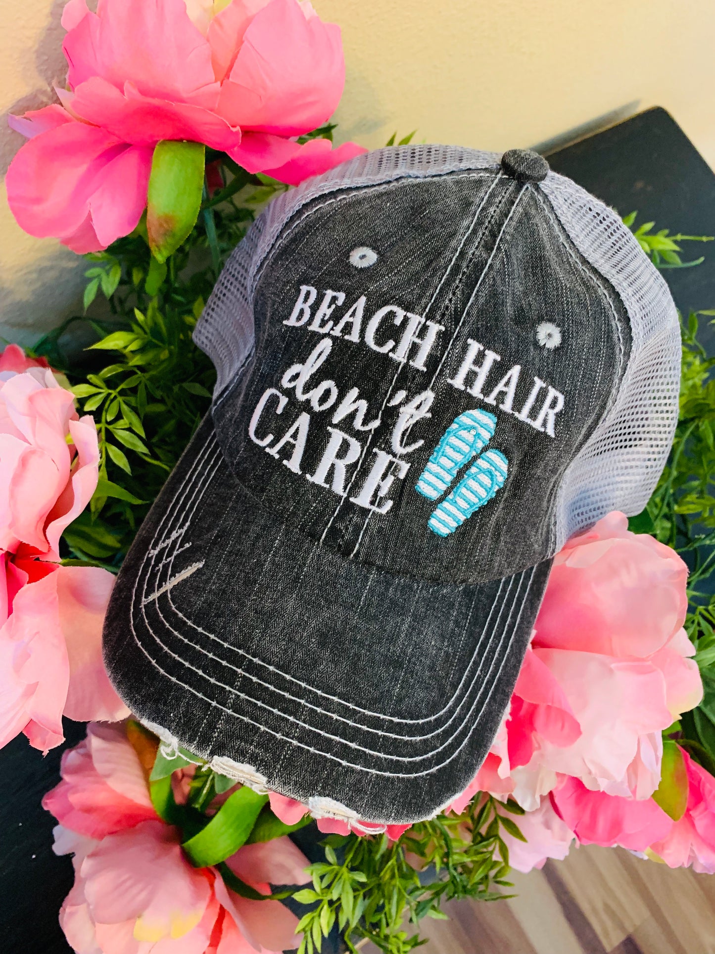 Hat { Beach hair don’t care } Teal or pink flip flops. Embroidered, distressed, trucker cap. Women’s. Sandals. - Stacy's Pink Martini Boutique