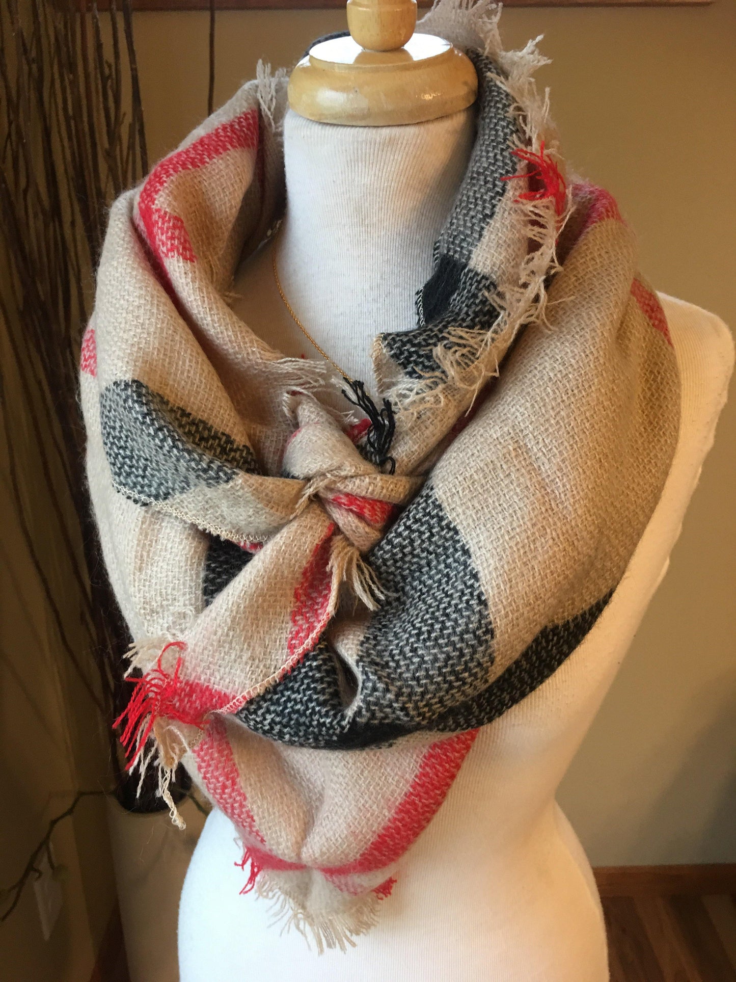 Blanket scarf { Classic check } Camel. Large square blanket scarf. - Stacy's Pink Martini Boutique