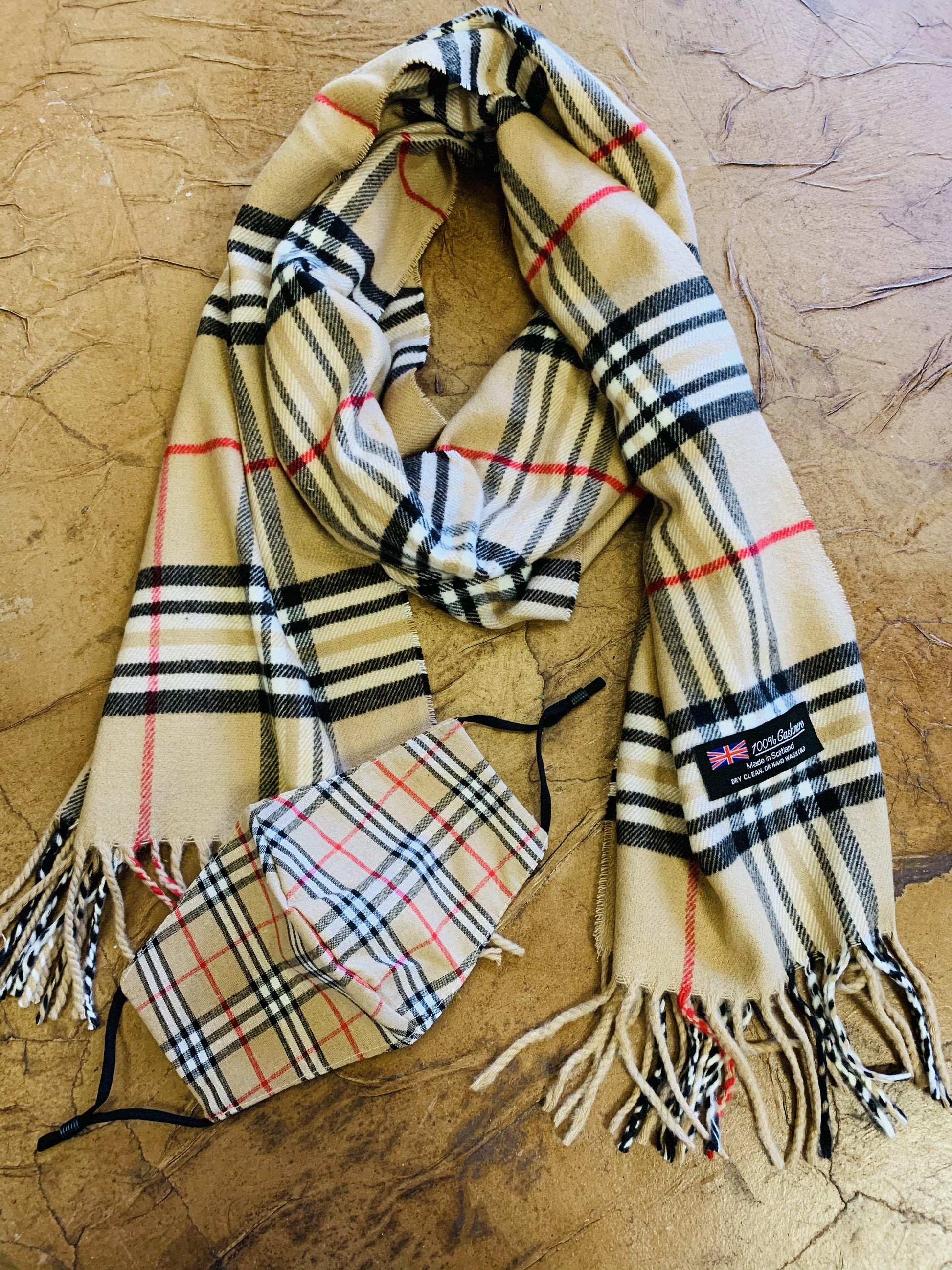 Scarf Camel vintage check designer inspired plaid Brown Red White Black Unisex - Stacy's Pink Martini Boutique