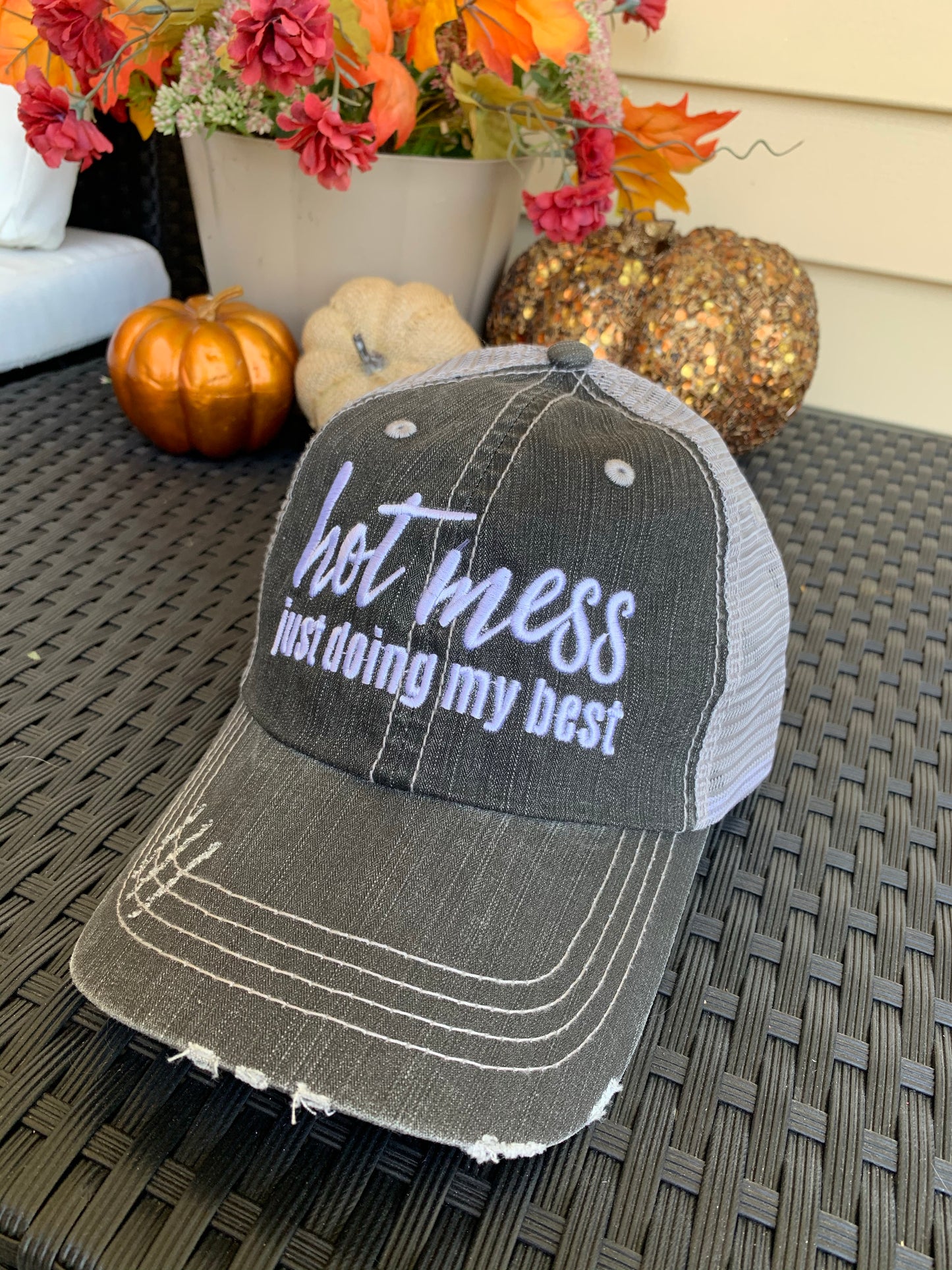 HOT MESS just doing my best hats Embroidered gray distressed unisex trucker caps Womens gift - Stacy's Pink Martini Boutique