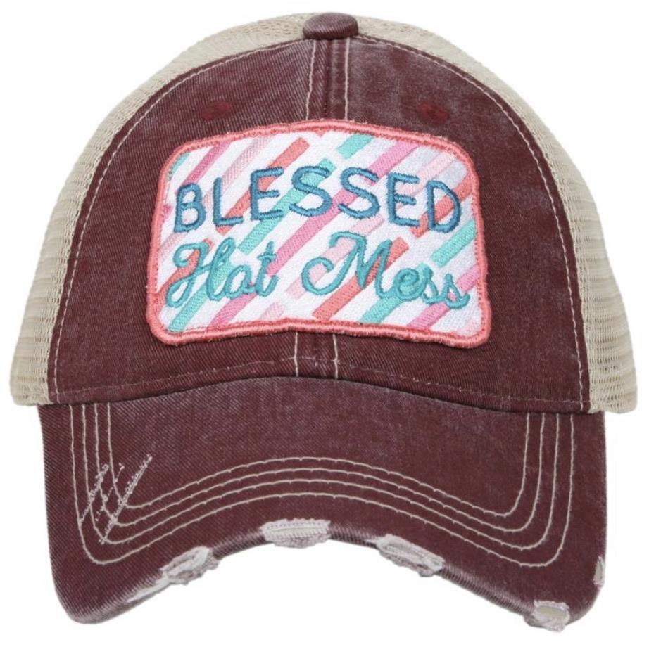 Blessed hats Blessed hot mess Simply blessed Crosses Embroidered distressed adjustable trucker caps - Stacy's Pink Martini Boutique