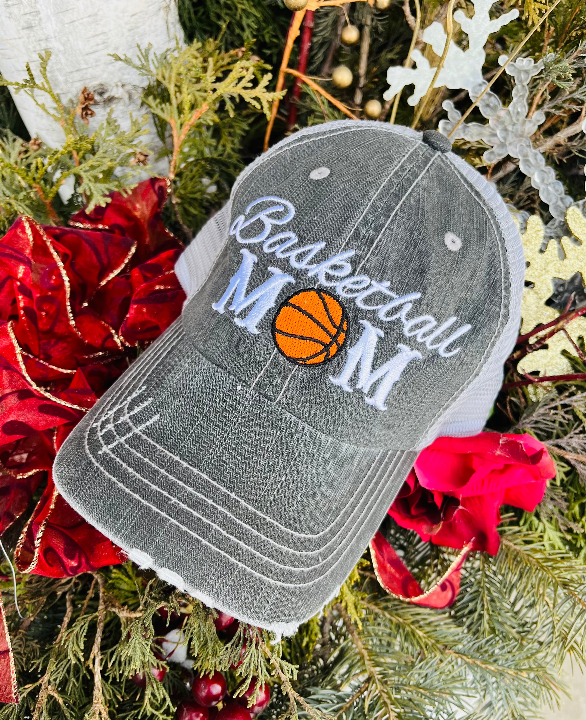 Basketball hats Basketball mom Personalized embroidered distressed gray womens trucker caps - Stacy's Pink Martini Boutique