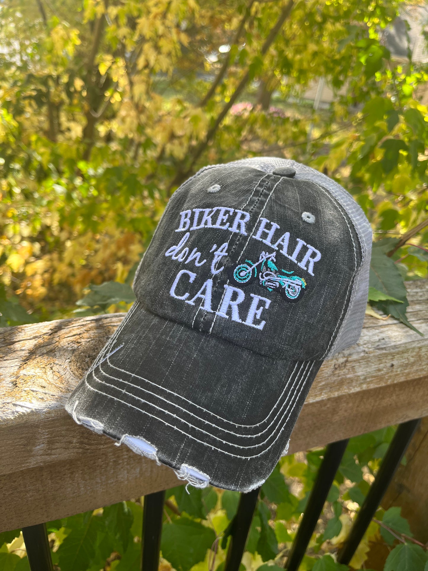 Motorcycle hats Biker hair dont care Embroidered trucker caps - Stacy's Pink Martini Boutique