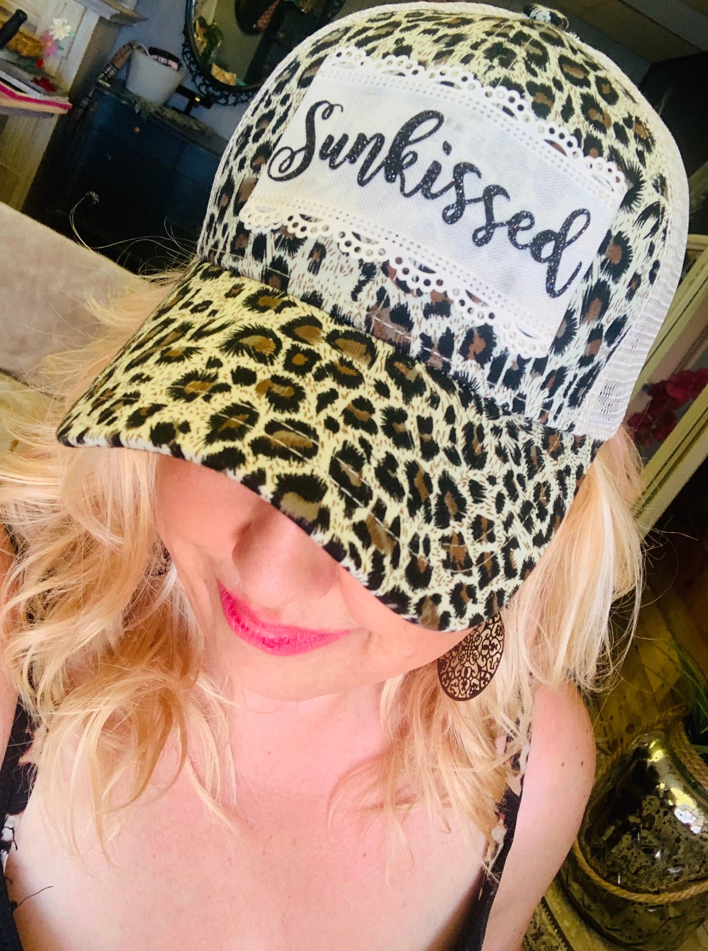 SUN KISSED hat Leopard Summertime Vacation cap Sunshine - Stacy's Pink Martini Boutique