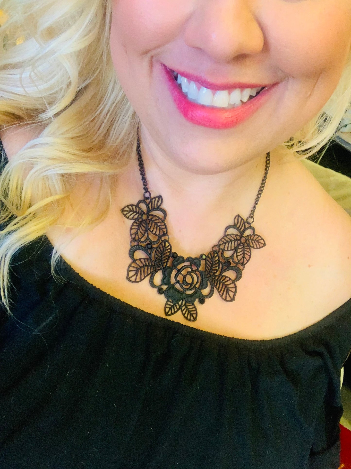 Necklace  Black floral - Stacy's Pink Martini Boutique