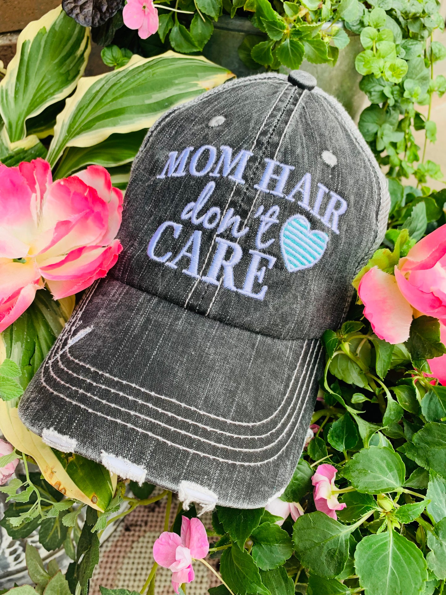 Mom hats Mom hair dont care Embroidered trucker womens baseball caps Teal pink heart - Stacy's Pink Martini Boutique