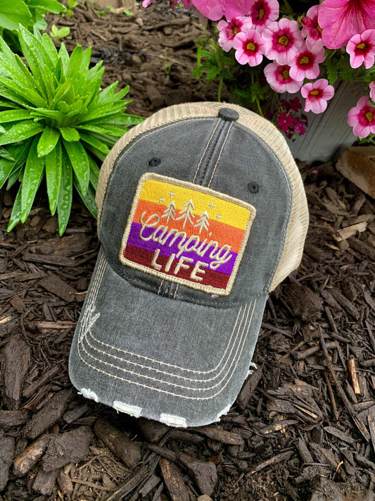 Camp hats! Hats { Camping life } 4 colors. Embroidered distressed trucker caps. - Stacy's Pink Martini Boutique