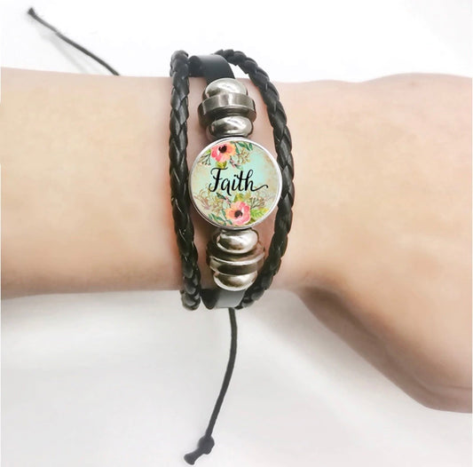 FAITH jewelry | Bracelet | Womens | Inspirational | Black Leather • Adjustable 7 - 10 inches • Snap charm ~ Wholesale orders. - Stacy's Pink Martini Boutique