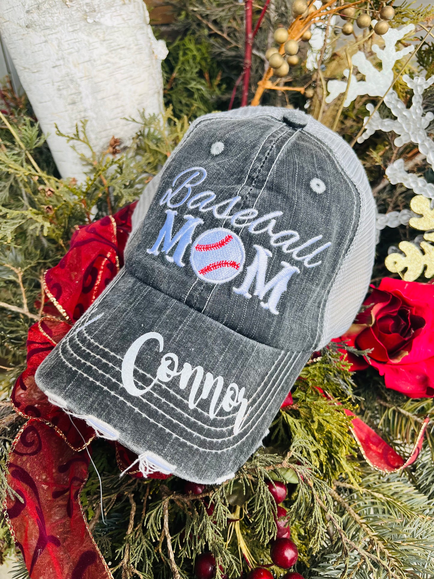 Baseball Grandma • Mimi • Nana • Gigi | Embroidered gray distressed trucker caps | Personalize - Stacy's Pink Martini Boutique