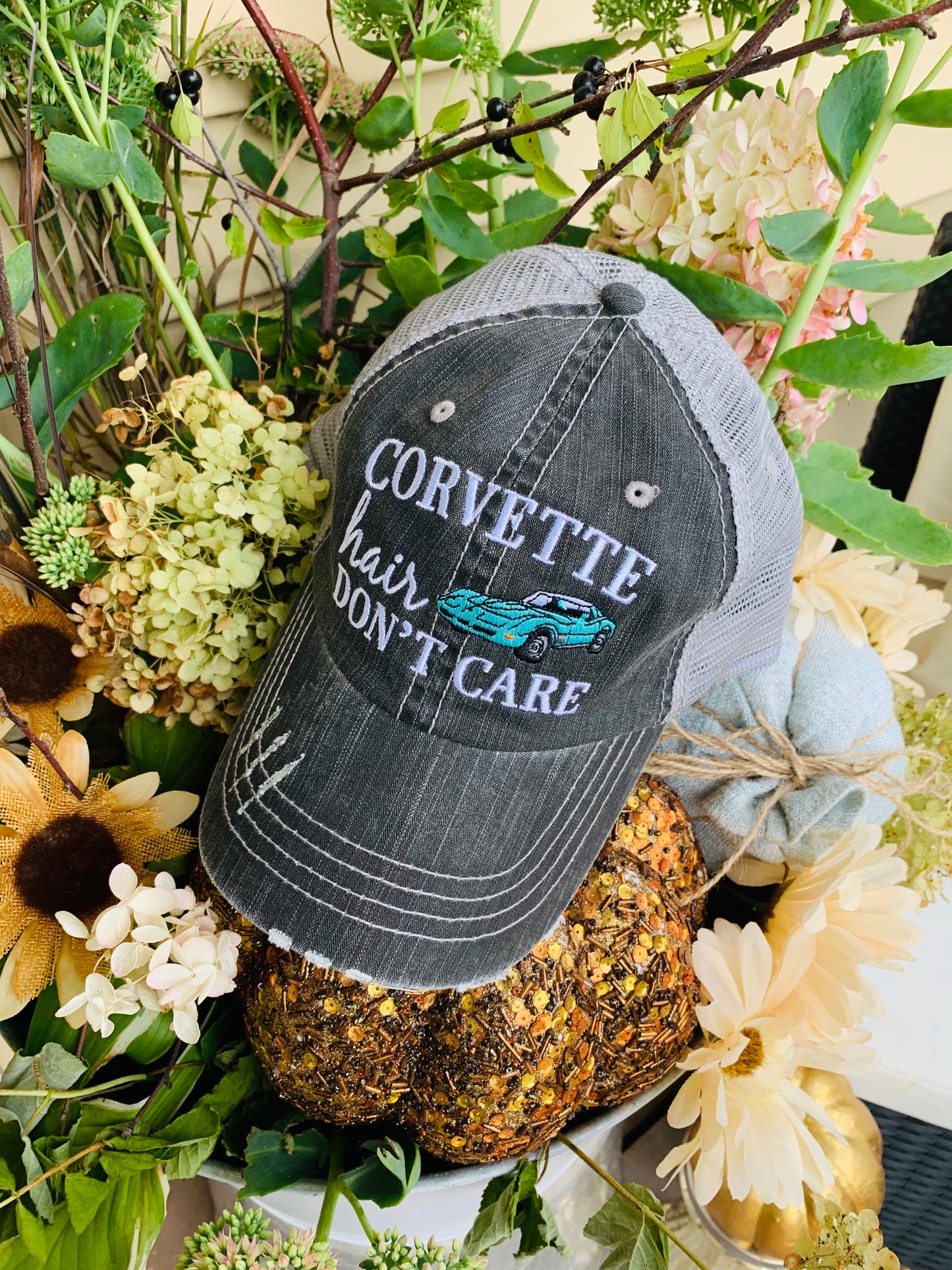 Corvette hats { Corvette hair don't care } Customize • Gray distressed trucker caps • Unisex • Car hat - Stacy's Pink Martini Boutique