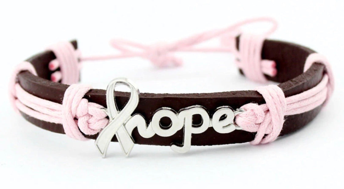 Hope bracelet | Silver hope breast cancer ribbon charm | Pink and brown leather | - Stacy's Pink Martini Boutique