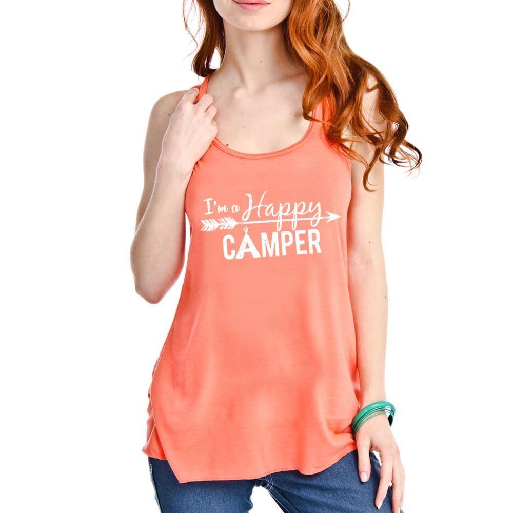 I’m a happy camper tank top •• Coral, teal, black, dark gray, light brown or white •• S - XXL - Stacy's Pink Martini Boutique