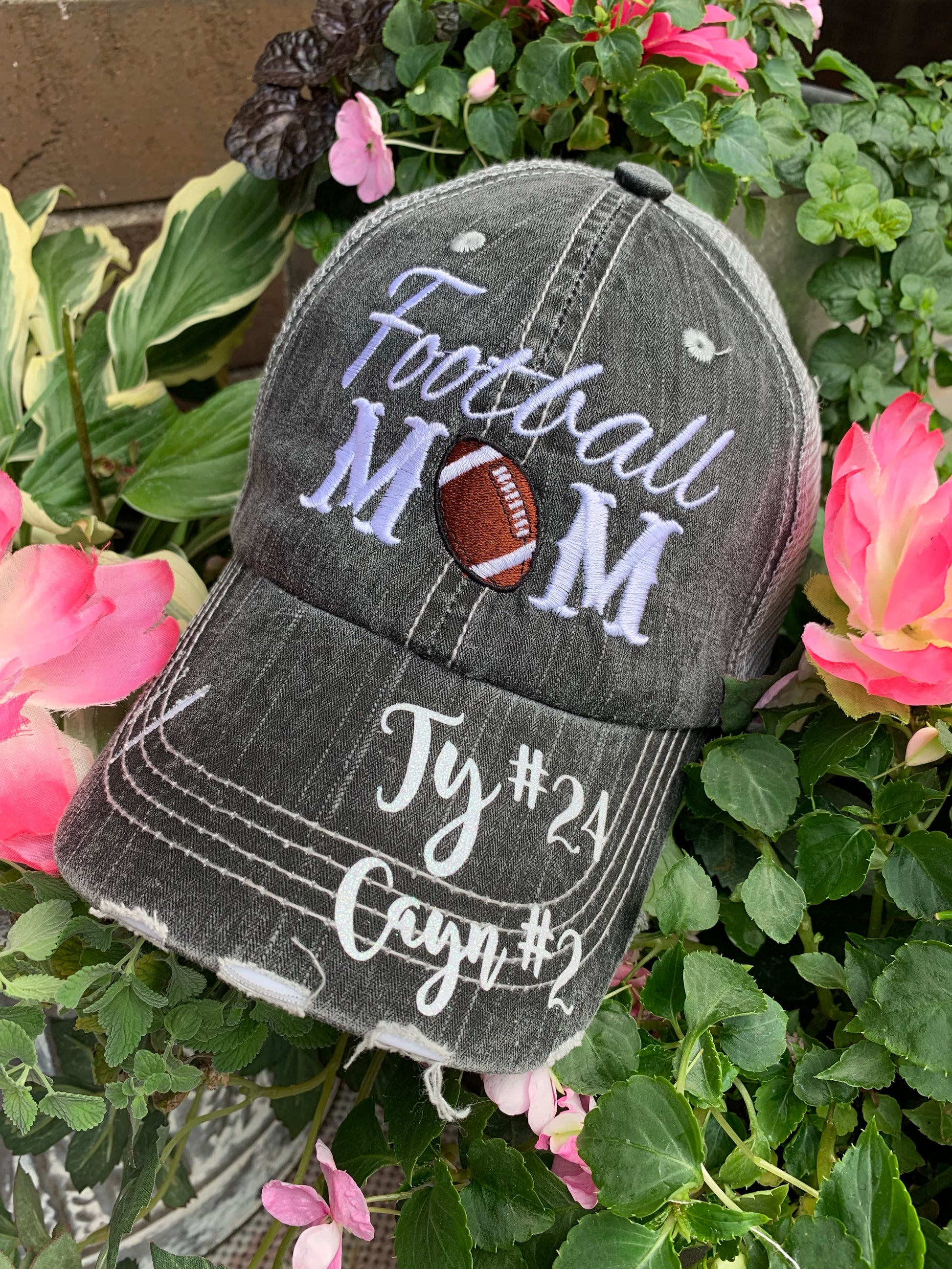 Personalized football hats! FOOTBALL Mom hats Embroidered trucker caps Assorted styles - Stacy's Pink Martini Boutique