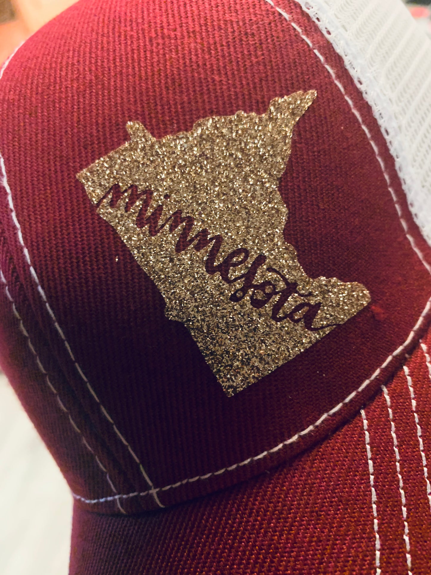 Minnesota Golden Gophers hat Maroon white gold glitter state of Minnesota Trucker cap - Stacy's Pink Martini Boutique