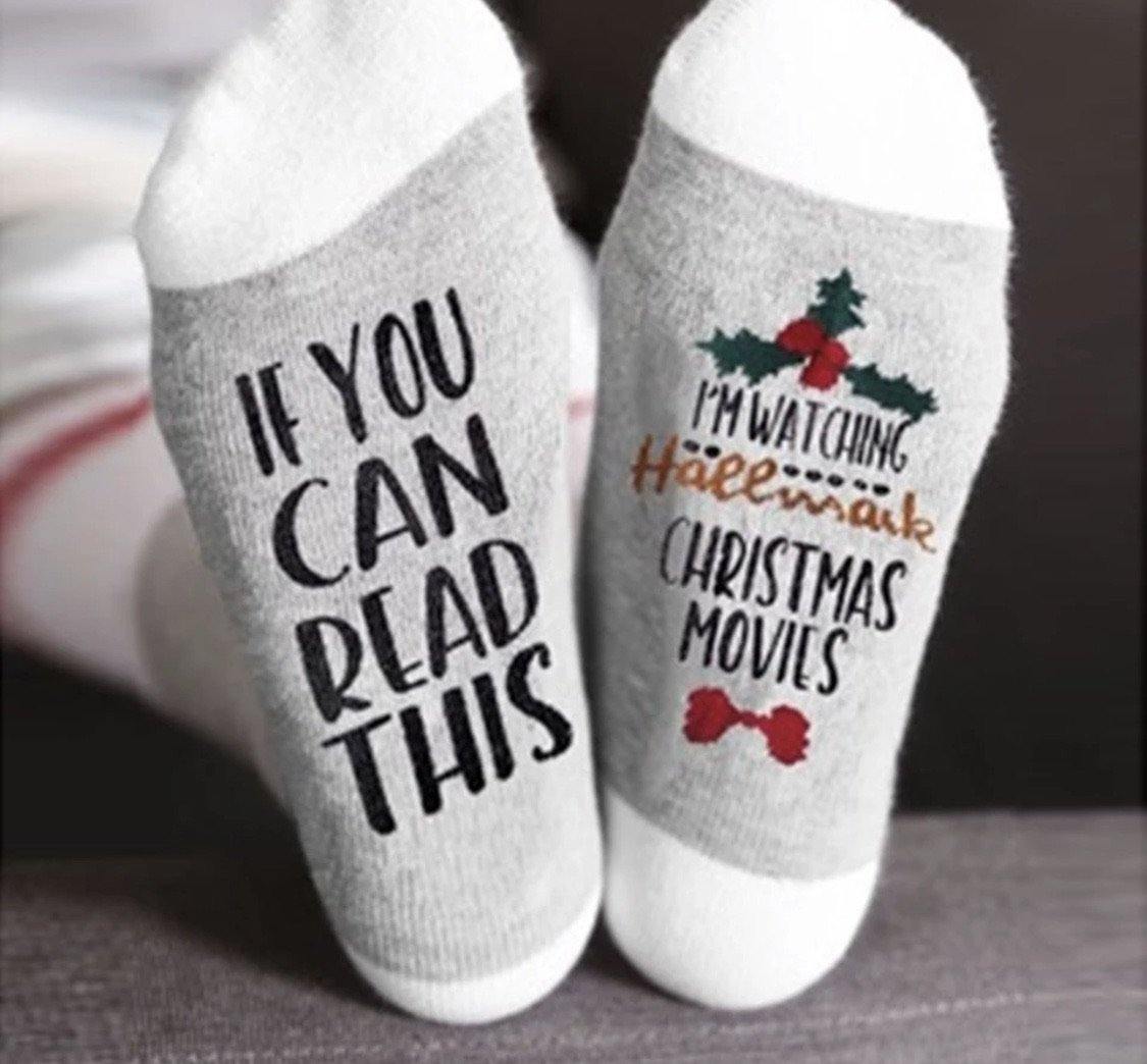 Socks { If you can read this I’m watching Hallmark movies } Red, white or black. Bow. Christmas. - Stacy's Pink Martini Boutique