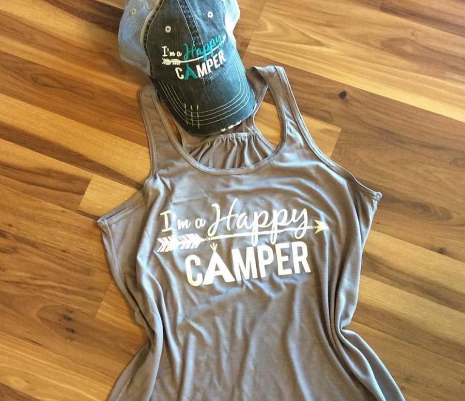 I’m a happy camper tank top •• Coral, teal, black, dark gray, light brown or white •• S - XXL - Stacy's Pink Martini Boutique