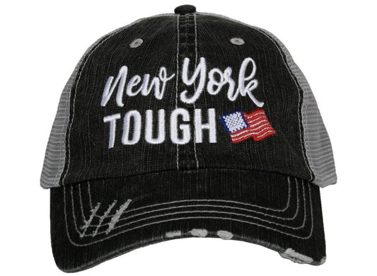 New York hats | New York Strong ~ New York Tough ~ Embroidered ~ Distressed trucker cap - Stacy's Pink Martini Boutique