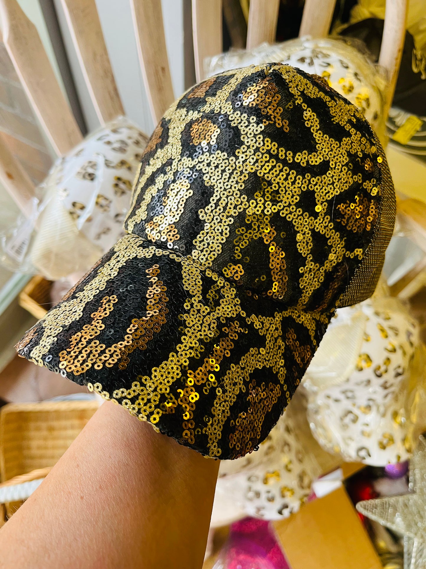 Leopard print sequin hats Black and gold Womens trucker caps