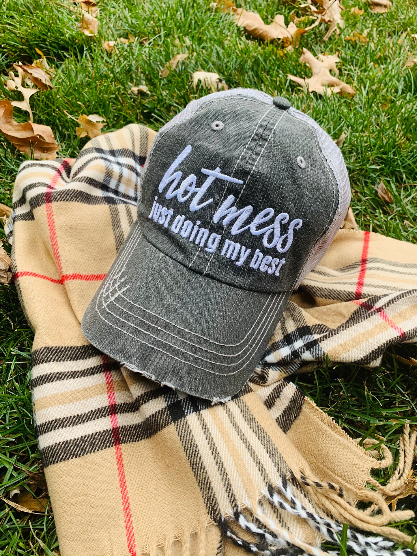 HOT MESS just doing my best hats Embroidered gray distressed unisex trucker caps Womens gift - Stacy's Pink Martini Boutique