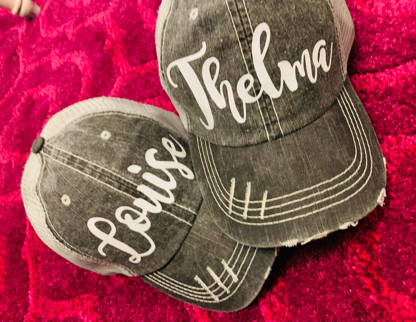 Thelma and Louise hats Embroidered womens gray distressed trucker caps - Stacy's Pink Martini Boutique