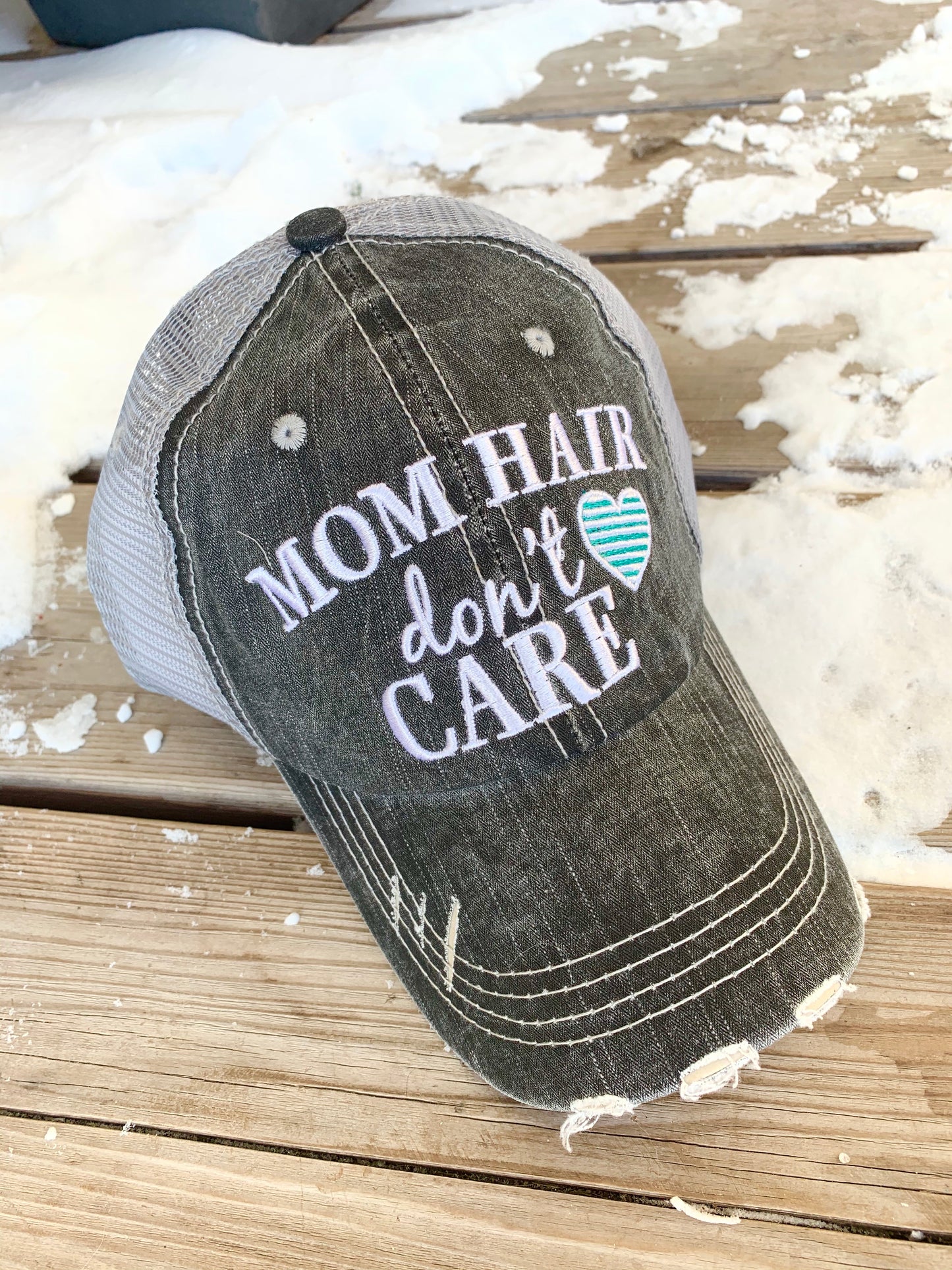 Mom hats Mom hair dont care Embroidered trucker womens baseball caps Teal pink heart - Stacy's Pink Martini Boutique