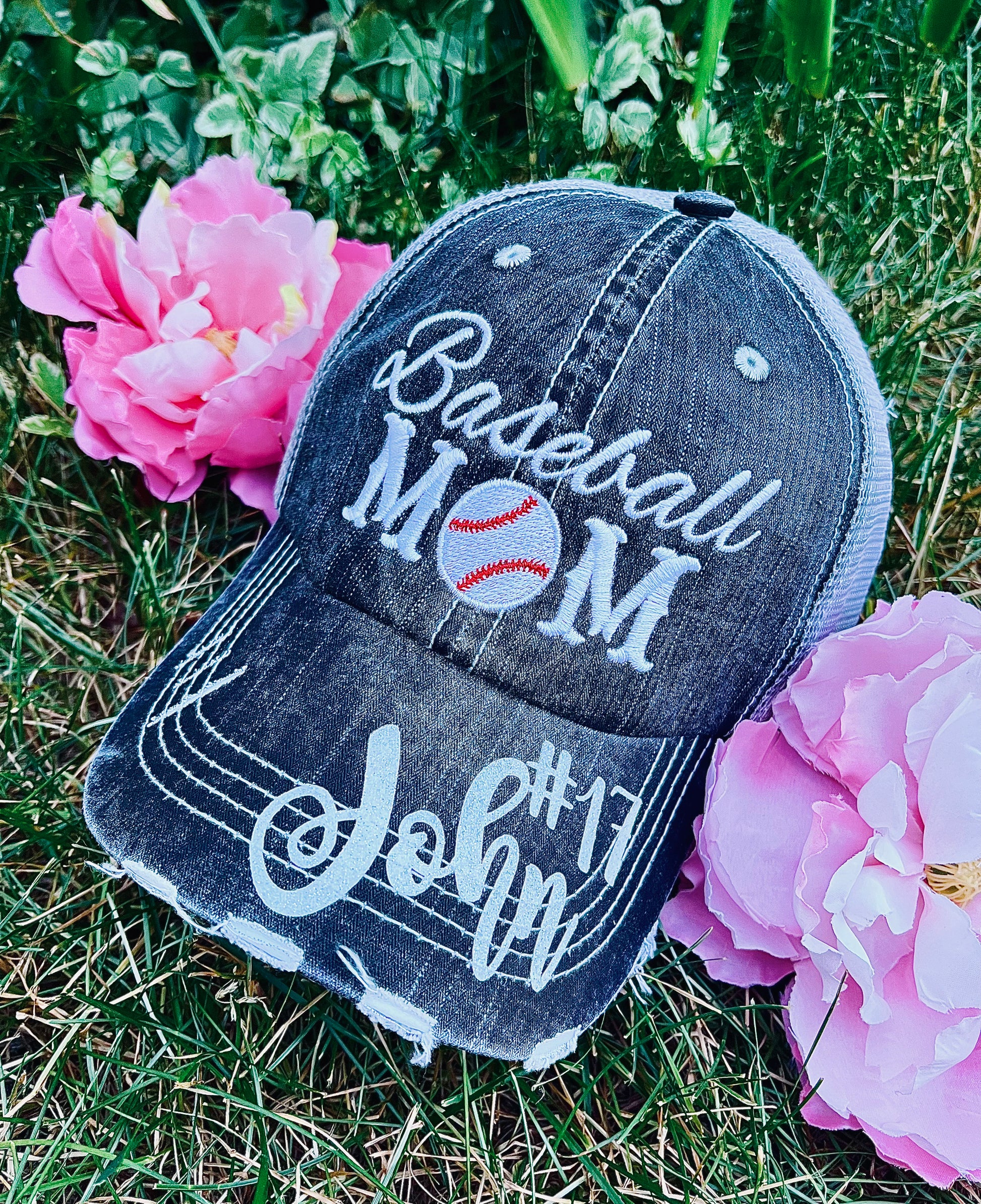 Personalized Mom hats Baseball mom Embroidered womens distressed trucker cap Sports - Stacy's Pink Martini Boutique