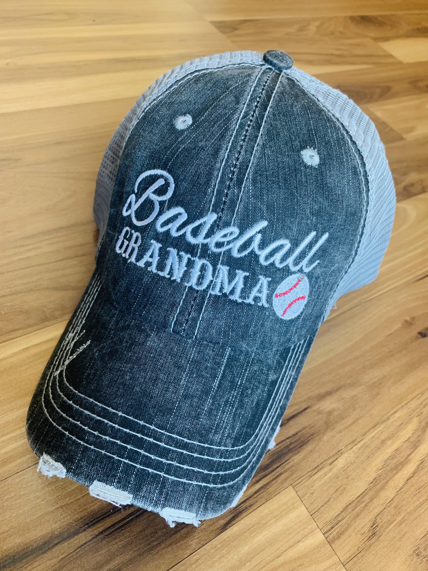 Baseball Grandma • Mimi • Nana • Gigi | Embroidered gray distressed trucker caps | Personalize - Stacy's Pink Martini Boutique