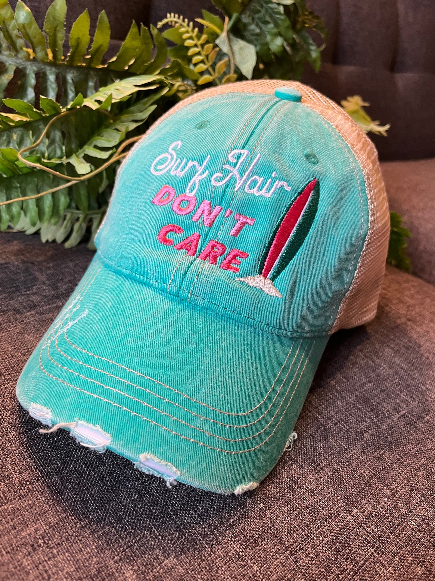 Hats Beach hair dont care Embroidered teal or pink flip flops distressed trucker cap Womens Sandals - Stacy's Pink Martini Boutique