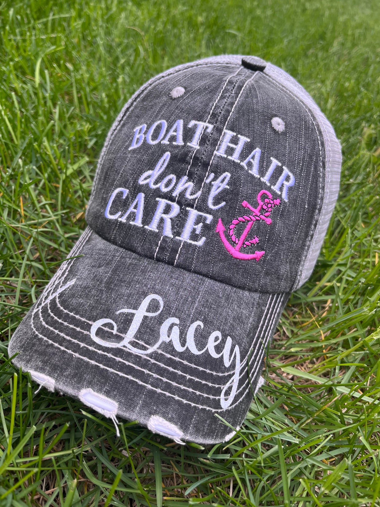 Hats Beach hair dont care Embroidered teal or pink flip flops distressed trucker cap Womens Sandals - Stacy's Pink Martini Boutique