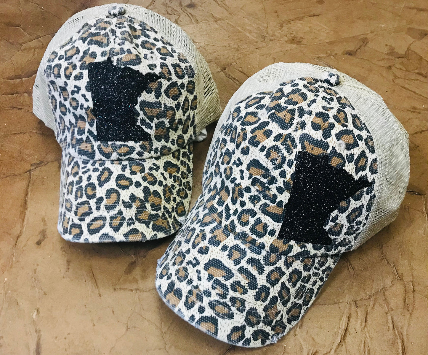 Leopard print state hats Minnesota or any state Baseball trucker cap animal print - Stacy's Pink Martini Boutique