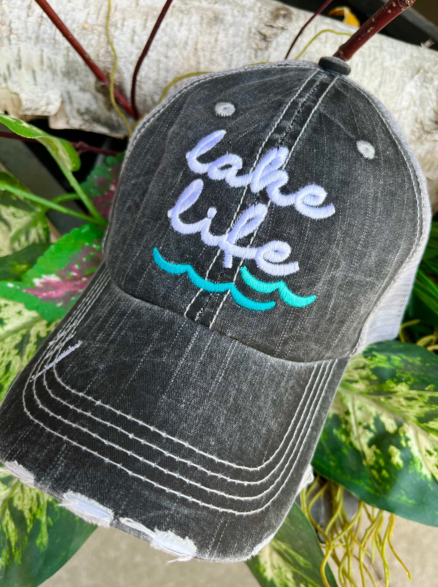 Lake hats Lake life Teal waves Gray embroidered trucker cap Boat Cabin Vacation