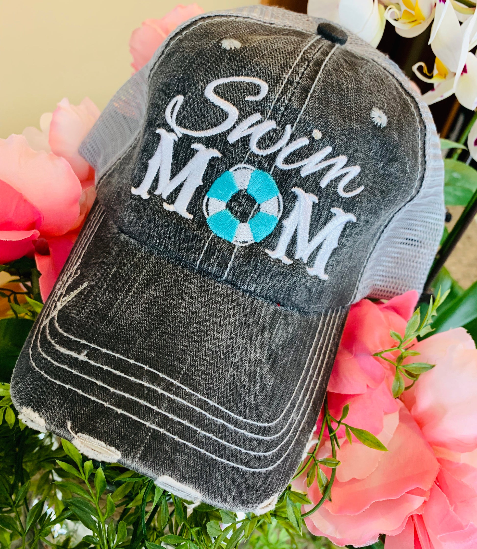 Swim hats! Swim mom | Swim hair dont care | Trucker caps | Customize-name-number-BLING! - Stacy's Pink Martini Boutique