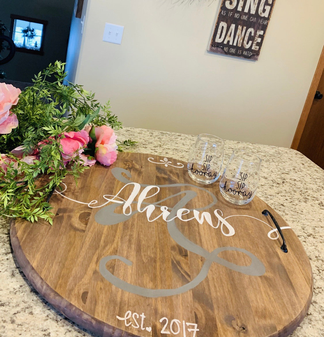 Wood signs or tray with handles { Round } Hand painted. 24 inches round. High quality pine. Custom colors. Great housewarming or wedding gift. - Stacy's Pink Martini Boutique