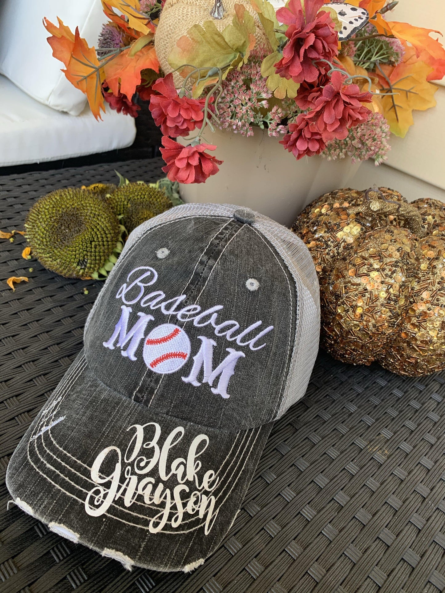 Basketball hats! Basketball mom | Customize | Embroidered distressed gray women’s trucker caps • Add names, number, BLING! - Stacy's Pink Martini Boutique