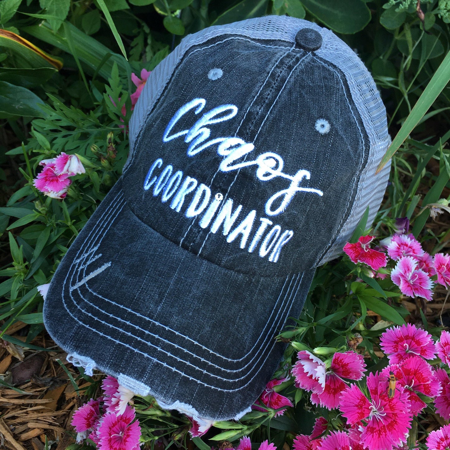 Chaos coordinator Hats Embroidered distressed gray trucker caps Unisex - Stacy's Pink Martini Boutique