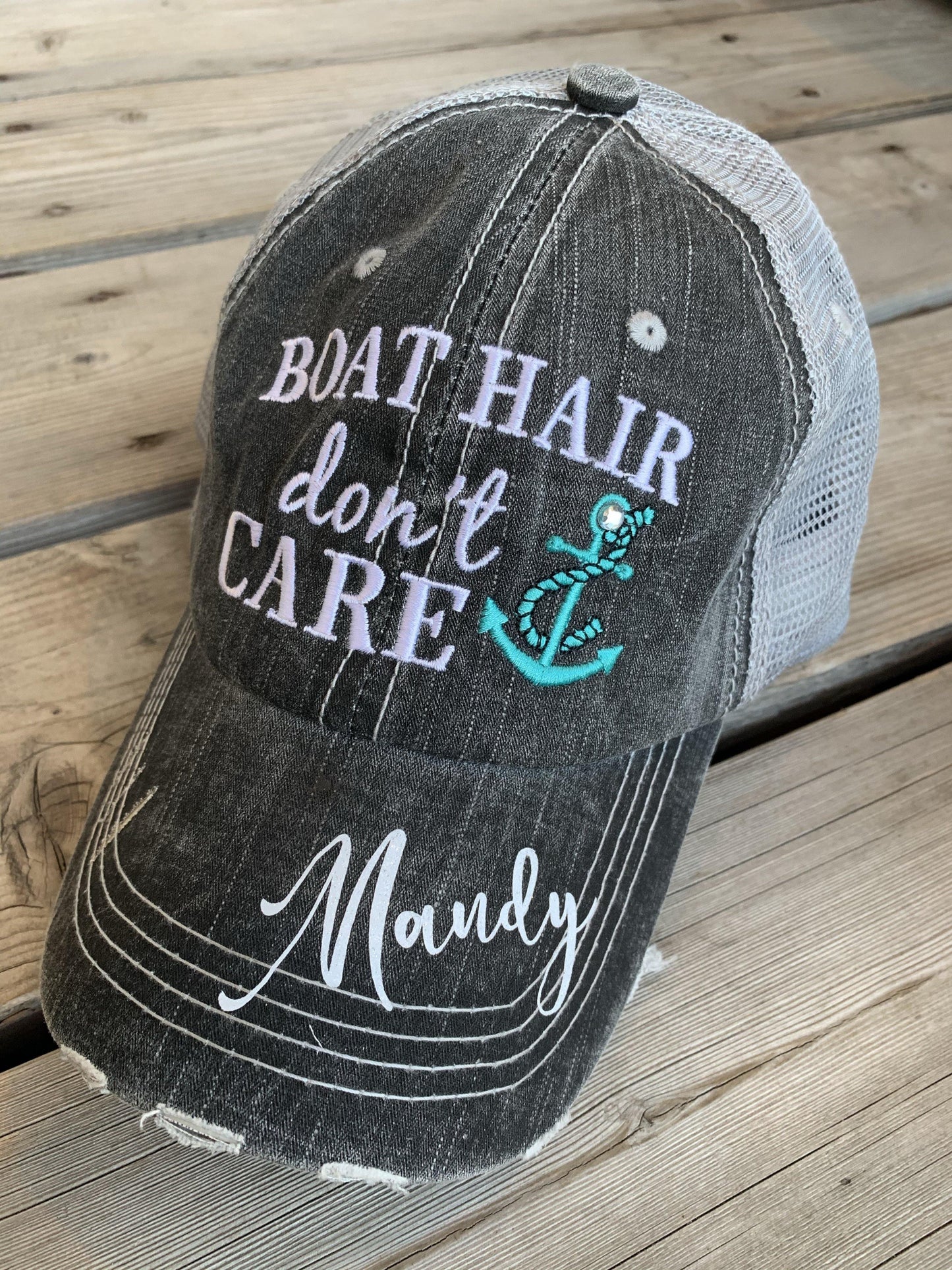 Boating Hats { Boat hair don’t care } Teal or pink anchor. Embroidered •  Trucker cap • - Stacy's Pink Martini Boutique