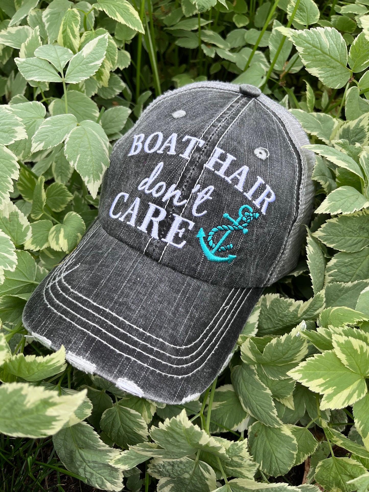 Hats Beach hair dont care Embroidered teal or pink flip flops distressed trucker cap Womens Sandals - Stacy's Pink Martini Boutique