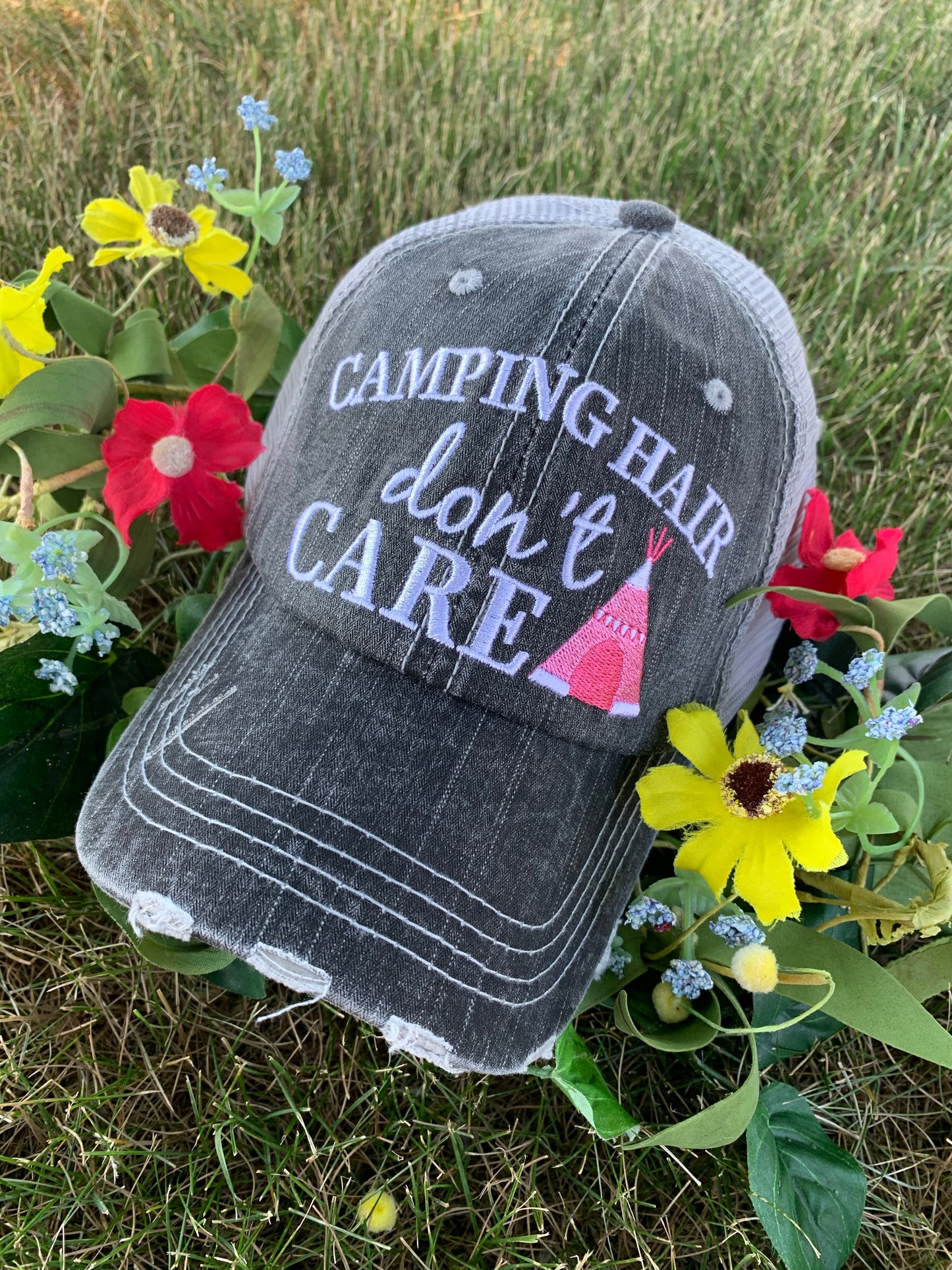 Camping hats Glamping hair dont care Happy camper Camping hair Embroidered Unisex caps - Stacy's Pink Martini Boutique