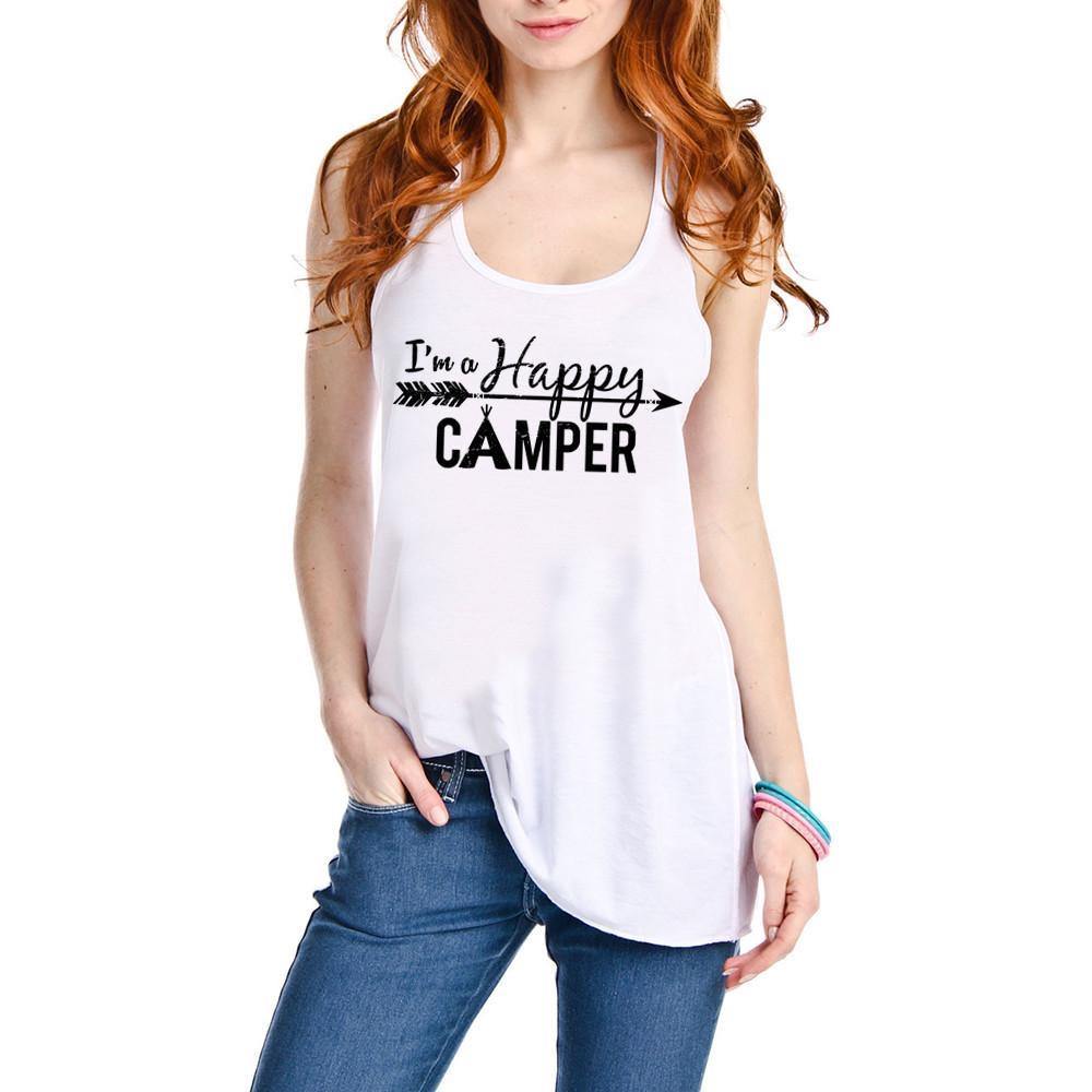 I’m a happy camper tank top •• Coral, teal, black, dark gray, light brown or white •• S - XXL - Stacy's Pink Martini Boutique