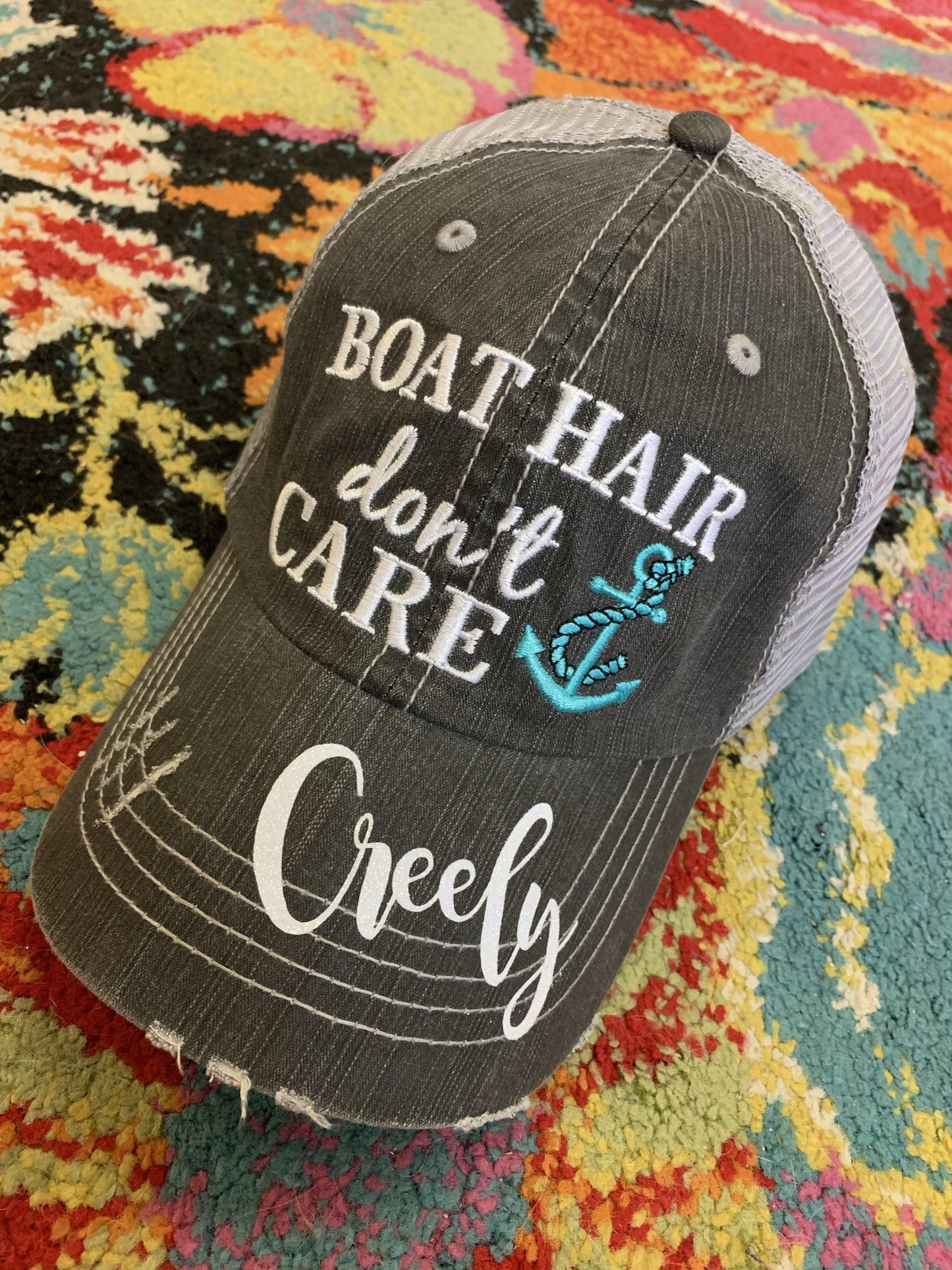 Boating Hats { Boat hair don’t care } Teal or pink anchor. Embroidered •  Trucker cap • - Stacy's Pink Martini Boutique