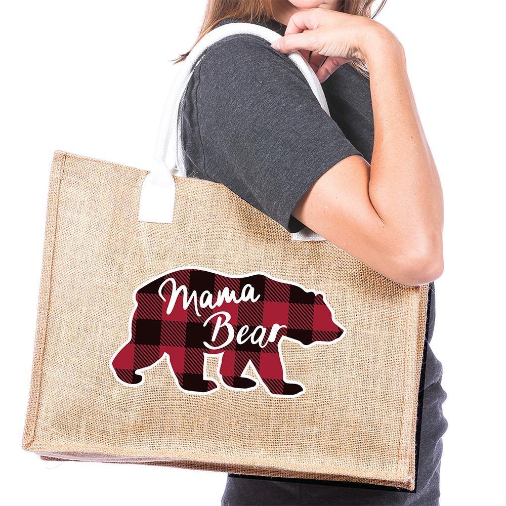 Mama bear | Jute tote bag | Pocket inside | Red and black buffalo plaid bear - Stacy's Pink Martini Boutique