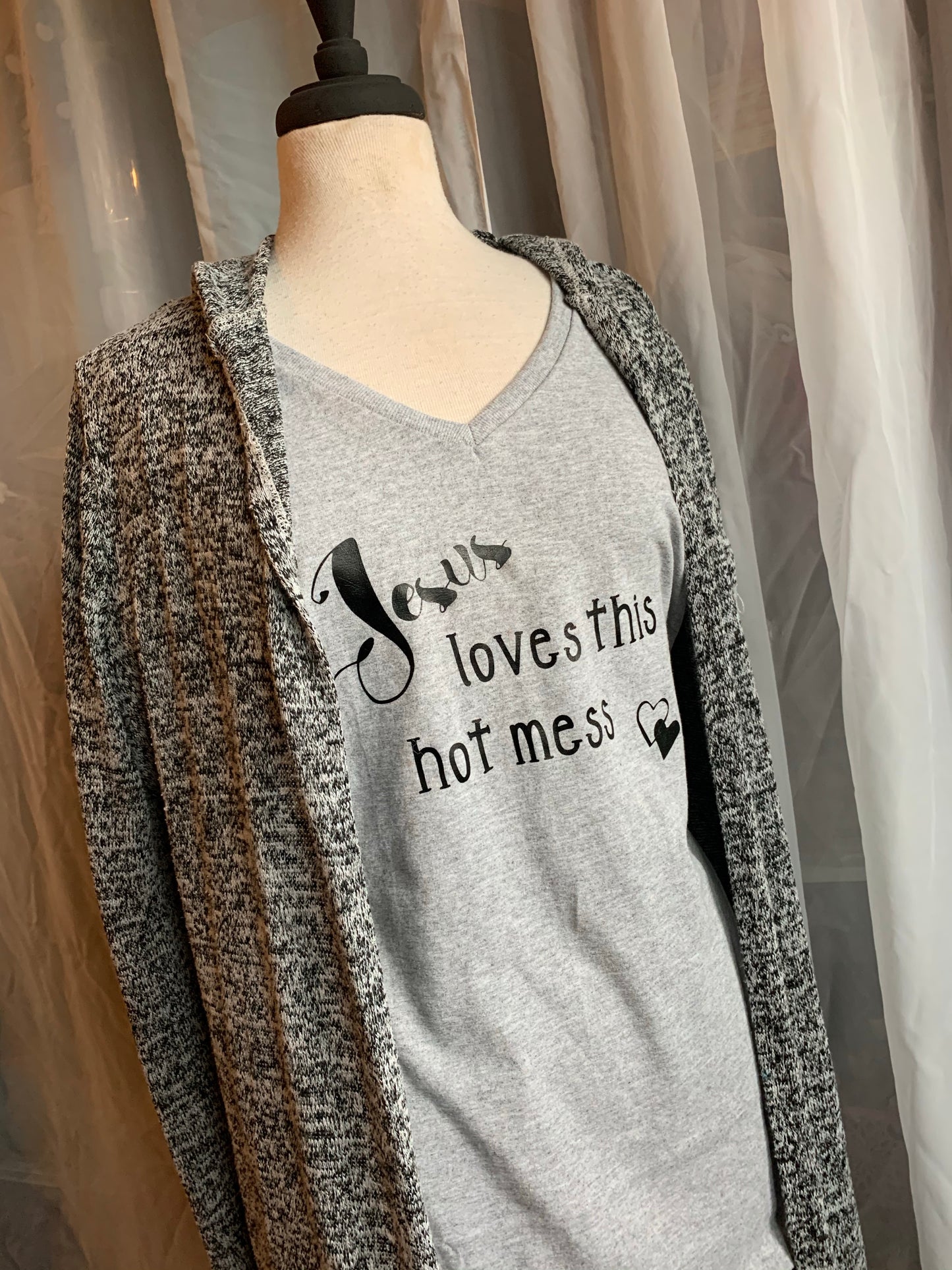 Shirt { Jesus loves this hot mess } Vneck. Gray, black, purple. - Stacy's Pink Martini Boutique