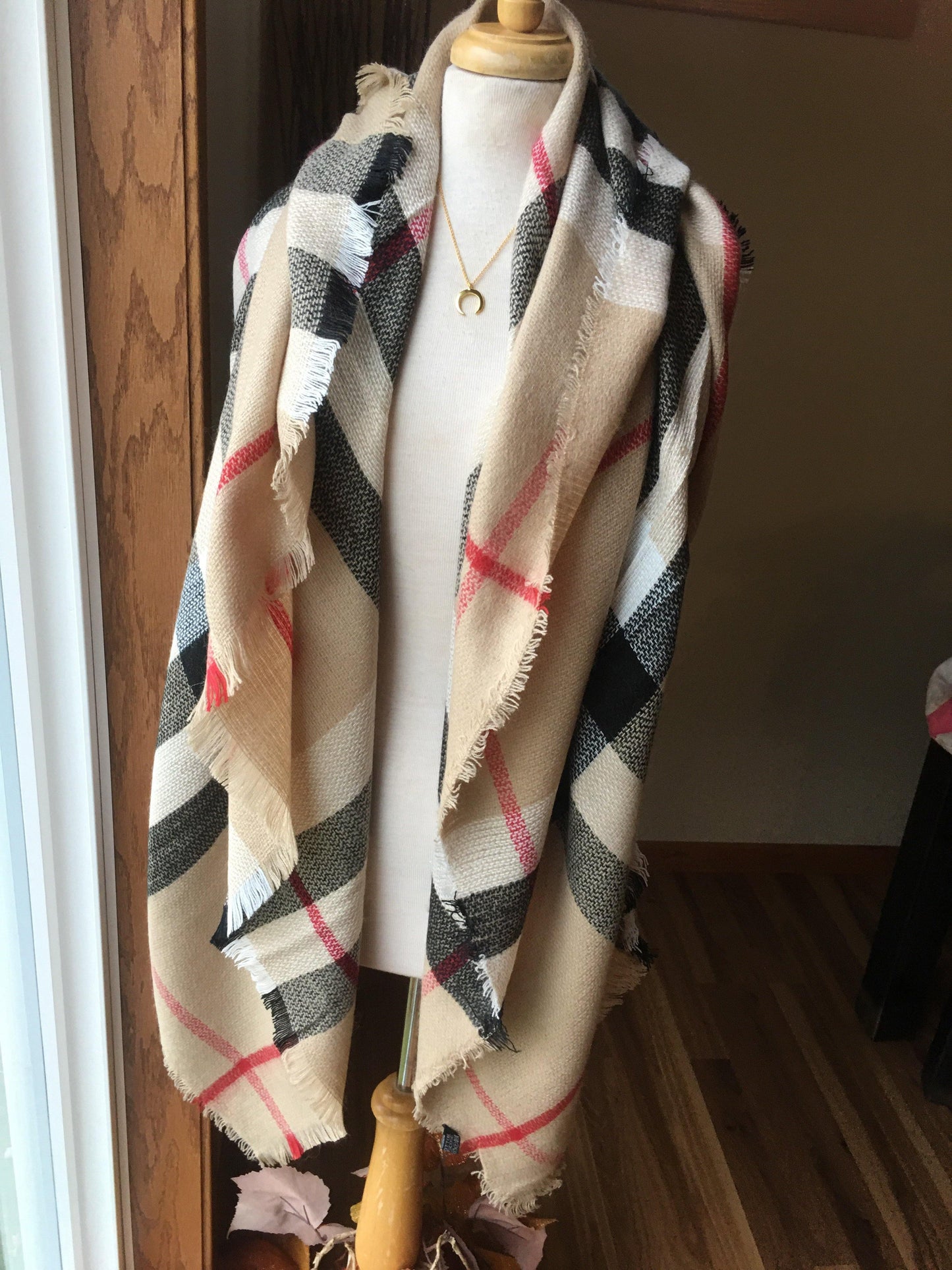 Blanket scarf { Classic check } Camel. Large square blanket scarf. - Stacy's Pink Martini Boutique