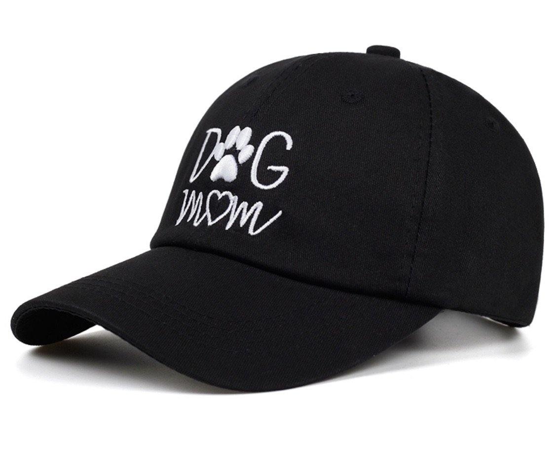 Hats { Dog mom } Black with white embroidered letters. Adjustable cap. Paw print and heart. Women’s. - Stacy's Pink Martini Boutique
